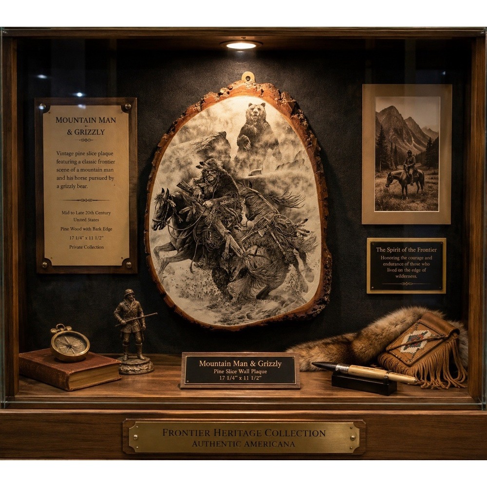 Vtg Mountain Man Grizzly Yellowstone National Park Pine Wood Slice Wall Plaque